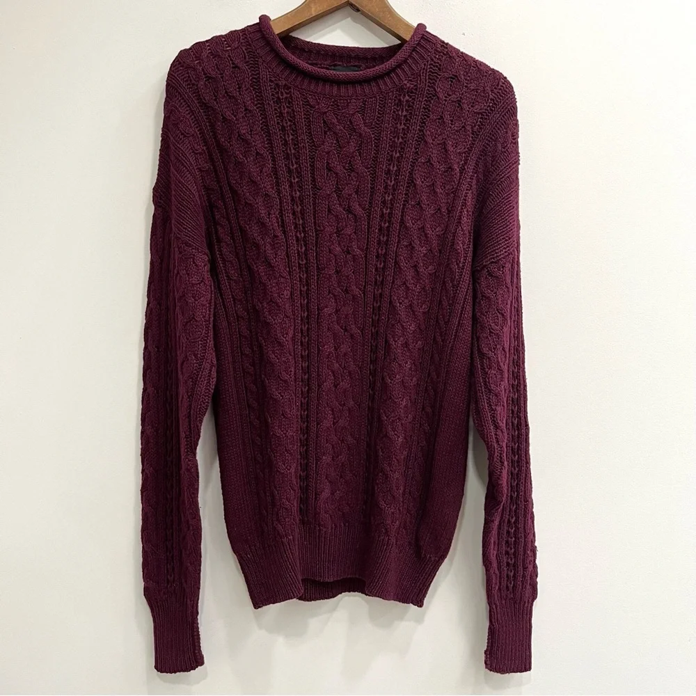 Vintage Y2K Structure Rolled Neck Cable Knit  Fisherman Sweater Maroon Men’s M